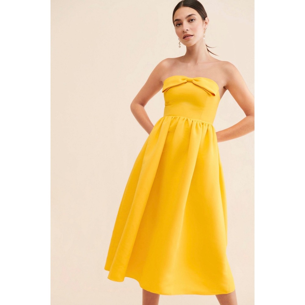 Sachin & Babi Anthropologie Blaine Strapless Bow Taffeta Midi Dress Sz 4 Yellow